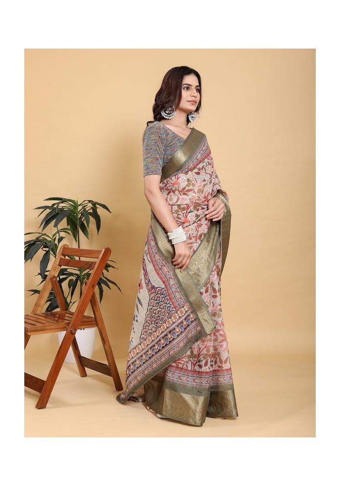 Malishka Export ساري كالمكاري مطبوع باللون البيج الأنيق للنساء - Image 4
